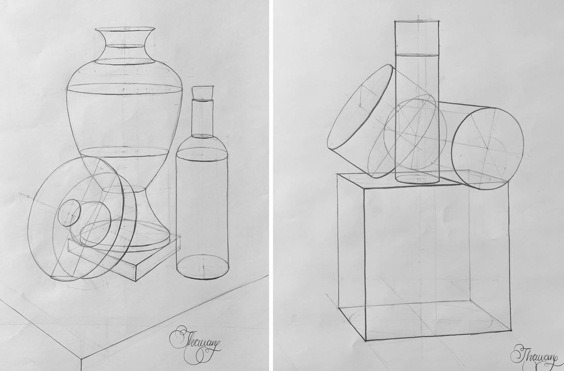 Constructive wireframe drawings by Thauan, a Life Drawing Academy Correspondence Course student