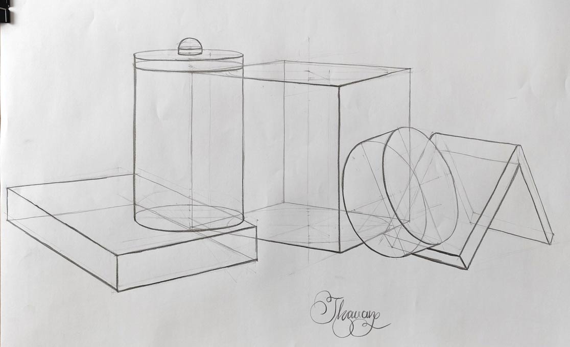Constructive wireframe drawings by Thauan, a Life Drawing Academy Correspondence Course student