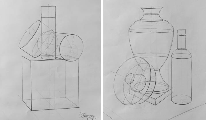 Constructive wireframe drawings by Thauan, a Life Drawing Academy Correspondence Course student