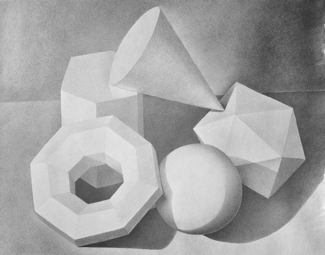 Drawings of simple geometric objects by Daniel, a Life Drawing Academy Correspondence Course student